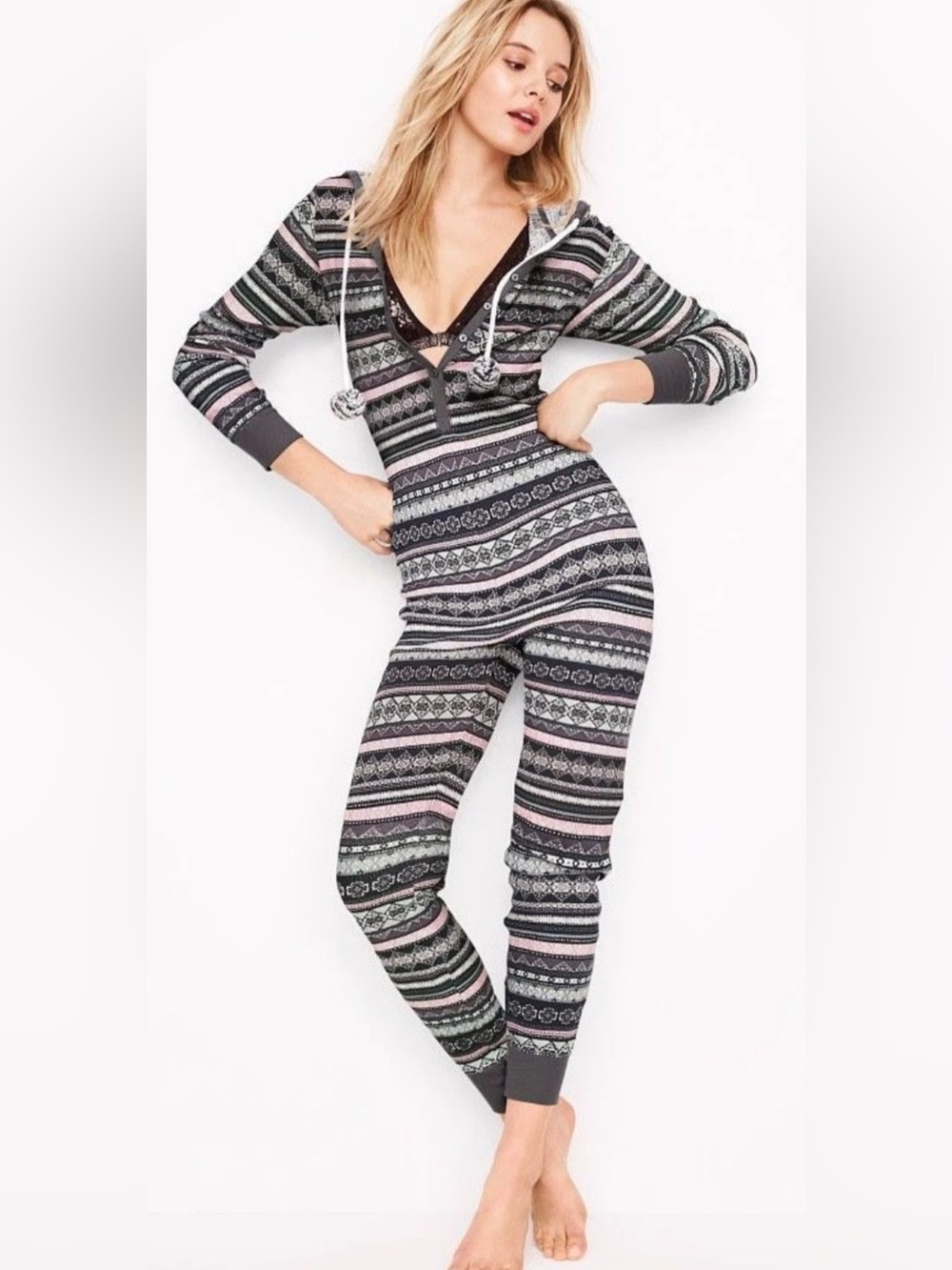 VICTORIA'S SECRET POM POM THERMAL ONE LONG JANE HOODED FAIR ISLE PAJAMA SMALL